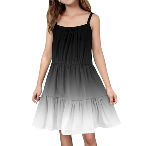 Girls Summer Casual Dress A-Line Tiered Sundress, Sleeveless Strap Boho Flowy Beach Dress Gradient Ruffle Dresses