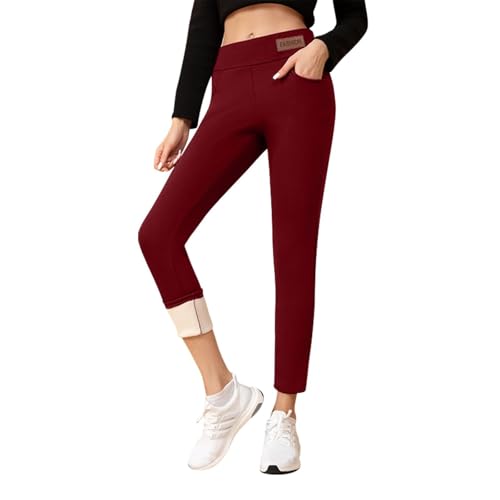 Pantalones térmicos de invierno, informales, sólidos, cálidos, elásticos, cintura alta, térmicos, capris, rojo, S
