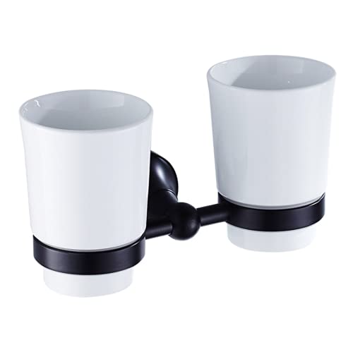 Retro Dual-Becherhalter Bad Set, Messing Wandmontag Zahnbürstenhalter Schwarz Antike Bronze Badezimmer-Zubehör mit Doppel Keramik Becher Cover