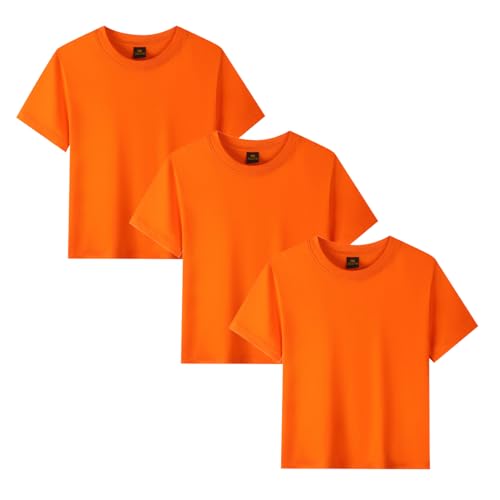 Image of 3-Pack Kid's 210GSM Cotton Crew Neck T-Shirt - Unisex Boys & Girls Casual Tops, Soft Basic Set for Breathable School & Play Everyday Wear Orange 5-6 Years