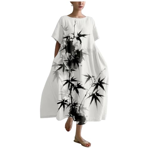 printed linen dresses for Women 2024 Japanese Ink Leaves Print Baggy Maxi Casual Plus Size Short Sleeve Dress Crew Neck Loose Flowy Elegant Summer Long Dress with Pockets,S at Amazon Women's Clothing store Color:White with Black Embroidery front bodice with a Flowy Light Green Prom classic denim style women