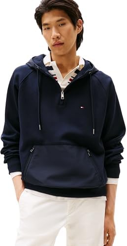 Alt Text for image 1: Tommy Hilfiger Men's Mix Media Quarter Zip Hoodie displayed on a mannequin