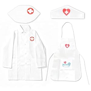 Zuahaly 4-teiliges Arzt Spiel- Und Kostümset Für Arztkittel, Krankenschwester Schürze, Arzt-Hüte Und Zubehör Perfekt Für Halloween, Rollenspiele, Geburtstagsfeiern Und Schulaufführungen