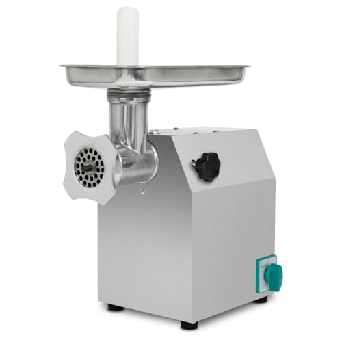VERTES Tritacarne Elettrico, acciaio inox, 1100W, 220 kg/h, taglia 12, professionale per la ristorazione, 2 vassoi di alimentazione, 4 dischi forati, 2 coltelli, tamper, marcia avanti, retromarcia