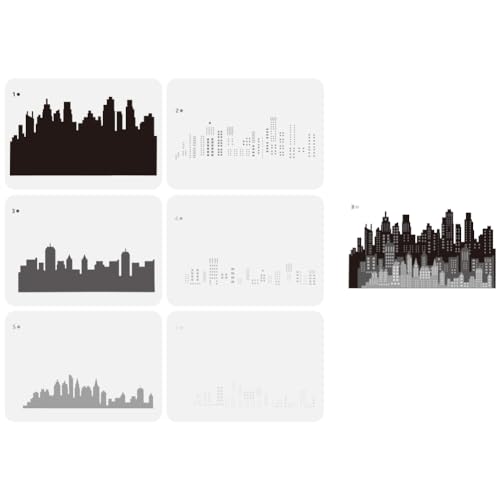 FINGERINSPIRE 6 peças de estêncil de horizonte de cidade em camadas, 29,7 x 21 cm, reutilizável, pad