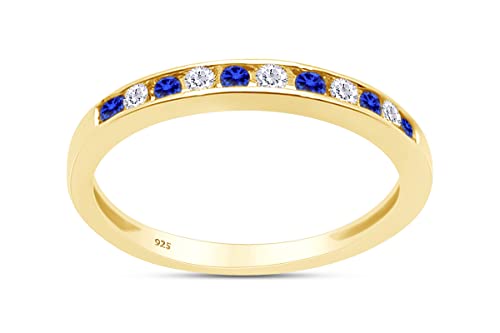 AFFY Round White Natural Diamond & Simulated Blue Sapphire Half Eternity Engagement Wedding Band Ring In 14K Gold Over Sterling Silver For Women (Clarity I2-I3, Color : I-J, 0.23 Cttw)
