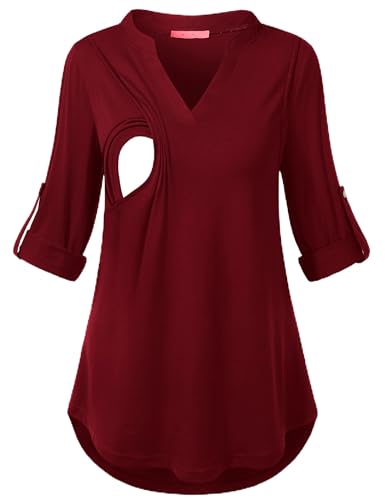 Image of Joymom Maternity Rolled Long Sleeve Nursing Tops Tunic Blouses Breastfeeding
