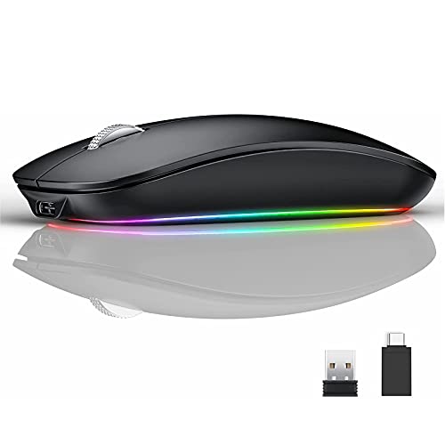 Uiosmuph U15 RGB Ratón inalámbrico, 2.4 GHz LED Ratón Silencioso Recargable con Adaptador de Receptor Nano USB Tipo c para Ordenador portátil Tablet PC Mac (Arena Negra)