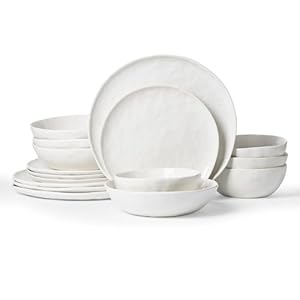 Famiware Porcelain kitchen plates and bowls set, Modern dishes set for 4, Handmade Wave Edge Dinnerware Sets, Microwave and Dishwasher Safe Tableware, Polar White (16pc)
