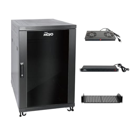 Image of Tecmojo Fully Assembled 18U Network Cabinet AV Rack Black Equipment Rack Enclosure with Casters /Locking Doors with Dual Fan, PDU and Cantilever Shelf Installed (31.5inch Deep Glass Door)