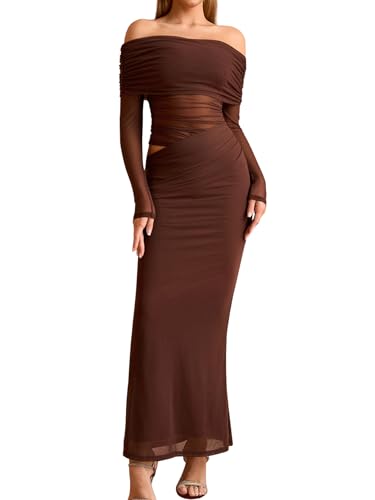 KUTUMAI Women Off Shoulder Long Sleeve Maxi Dress Cutout Mesh Ruched Bodycon Formal Wedding Guest Dresses