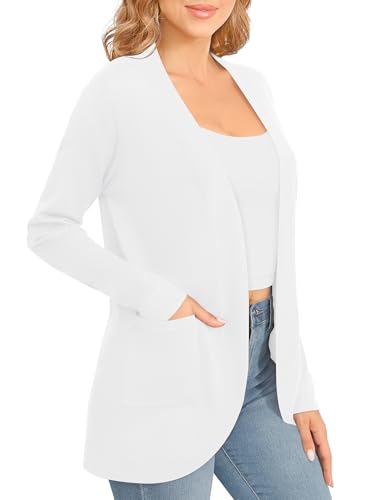 EXCHIC Women's Elegant Lightweight Long Sleeve Cardigan Curved Hem Open Front Knit Sweater with Pockets(XL, White) - Image 5