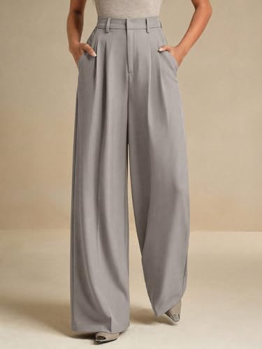 Image of KOTTY Women's High Waist Solid Color Hook and Bar Wide Leg Trousers Loose Comfort Trouser with Pockets