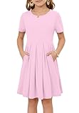 Girls Summer Short Sleeve Dress Kids Casual Crew Neck Pleated Loose A Line Swing Knee Length Cute Dress with Pockets Pink L