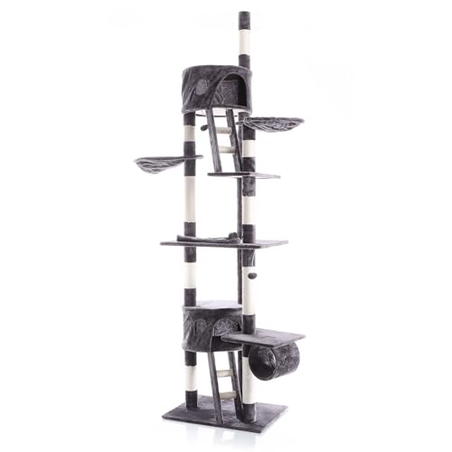 Wiltec Kratzbaum 240-260 cm dunkelgrau, Katzenkratzbaum deckenhoch mit Sisal, Kletterbaum für Katzen, Deckenspanner Katzenbaum mit Hängematten