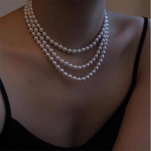 Long Pearl Necklaces for Women,Vintage Elegant Faux White Pearl Multi Strand Layered Beads Necklaces Charm Bridal Wedding Party Prom Choker Necklace 1920s Costume Jewelry3