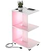 White End Table with Charging Station & Led Lights, 3 Tier Movable Wooden Nightstand with Wheels Storage Shelves, Narrow Bedside Tables Side Table for Living Room Bedroom Home Office, Easy to Assemble