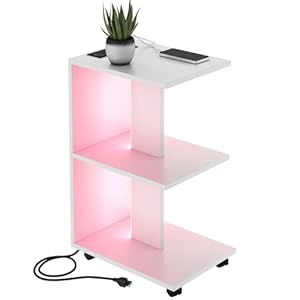 White End Table with Charging Station & Led Lights, 3 Tier Movable Wooden Nightstand with Wheels Storage Shelves, Narrow Bedside Tables Side Table for Living Room Bedroom Home Office, Easy to Assemble