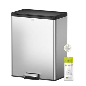 EKO Essential 40L Rectangular Kitchen Step Bin, 2 × 20L Recycling Compartments with Soft-Close Lid, Stainless Steel Pedal and Fingerprint-Resistant Finish for Waste & Recycling