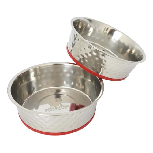 Image of Pets Empire Textured Stainless Steel Pet Bowl Pack of 2 x 450 ml Red | Anti-Skid Food & Water Bowls for Dogs & Cats | Rust-Proof, Easy to Clean Feeding Set