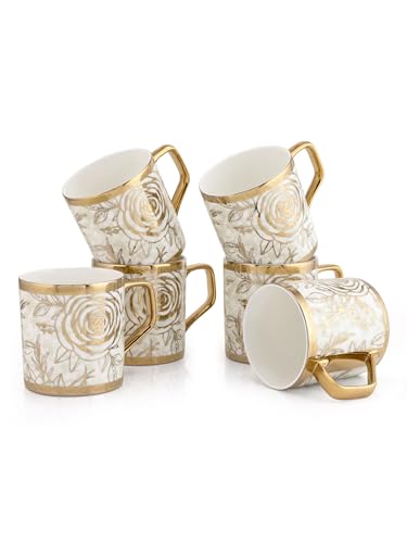 Image of Clay Craft Fine Ceramic Gold Printed Coffee /Tea Cups Set of 6-200 ml Each, Tea Cup Set of 6, Mugs for Coffee, Cups Set of 6, Mug Set, Ideal for Gifting, Perfect for Home and Office (E602)