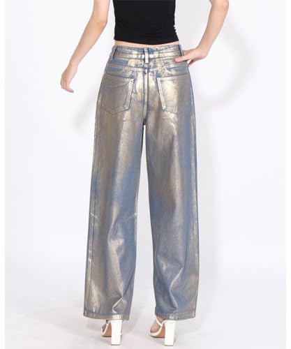 Women Metallic Baggy Stretch High Waisted Straight Wide Leg Boyfriend Denim Jeans2