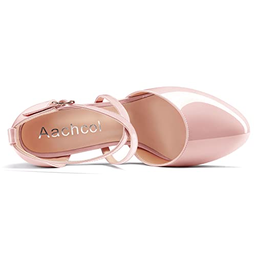 Aachcol Women Wedge Platform Pumps Round Toe Ankle Strap Chunky Block High Heel Dress Shoes Pumps Wedding Patent 4 Inch4