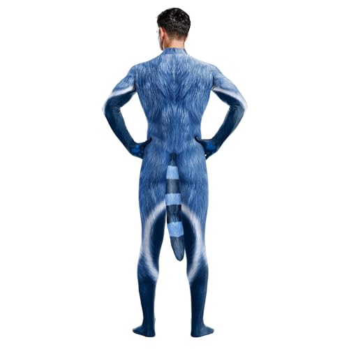Image of Animal Full Bodysuit for Men Muscle Spandex Jumpsuit Furry Costume with Big Tail for Adult Cosplay Halloween Party