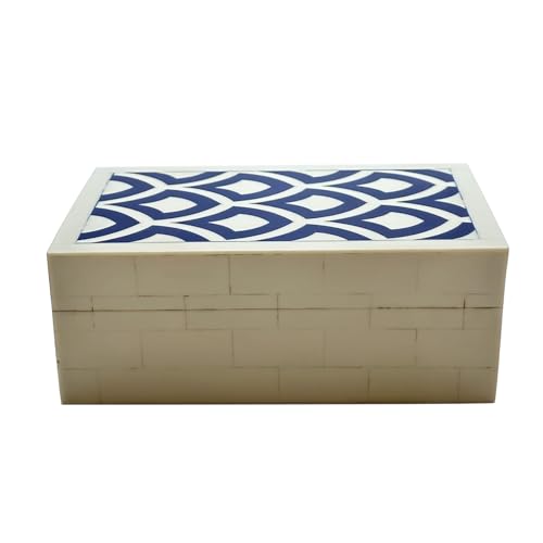 Perilla Home ﻿Home Decor Decorative Storage Wooden Box Small Rectangle Irusu Organizer Tool Stash Card Craft Book Treasure Trinket Memory Keepsake Jewelry Box Gifts For All Blue and Off White
