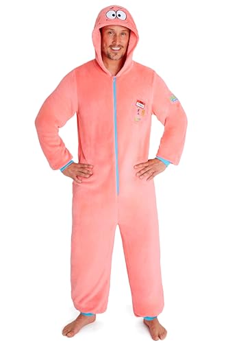 Spongebob Schwammkopf Onesie für Herren S–3XL, Mit Kapuze Fleece Schlafanzug mit Reißverschluss, Geschenk für Männer (M, Rosa Patrick)