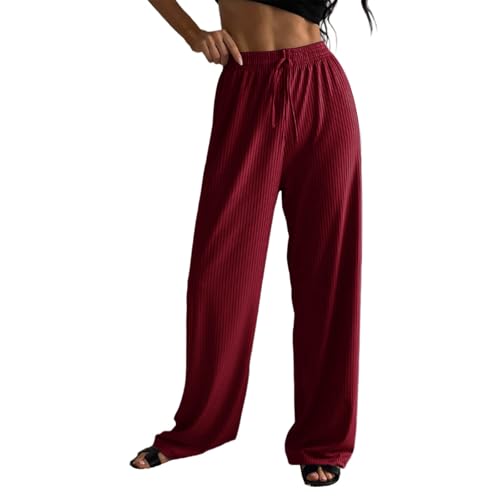 Women's Wide Leg Sweatpant Drawstring High Waisted Ribbed Baggy Lounge Pant Fashion Solid Sport Summer Fall Trouser S-2XL Wine