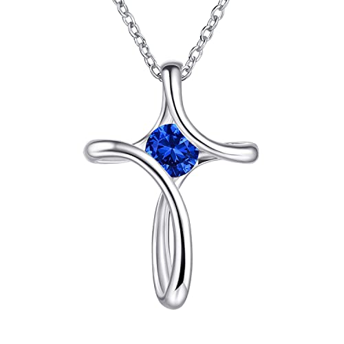 Cross Necklace for Women, 925 Sterling Silver Birthstone Necklace for Women with Diamond Sideways Cross Necklaces Birthstone Jewelry Birthday Gifts for Womens