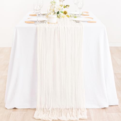 Image of MLMC Ivory White Table Runner Rustic Gauze Cheesecloth Table Runner 10ft Cheese Cloth Centerpiece Decor 35x120 Inches for Dessert Anniversary Wedding Bridal Baby Shower Decor