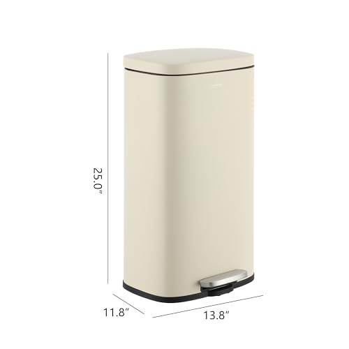 Image of happimess Curtis 8 Gal Step Trash Can Soft Close 25 inch, Limestone Beige | Iron Construction, Satin Finish, Removable Liner, Steel Pedal, 20 Trash Bags Included, Kitchen Office Bin