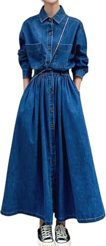 Goolecrimp Damen Casual Button Frühling Herbst Jeanskleid Elastische Taille Knopf Saum Langes Jeanshemdkleid Party Mini Lange Kleider (blau,XXL)