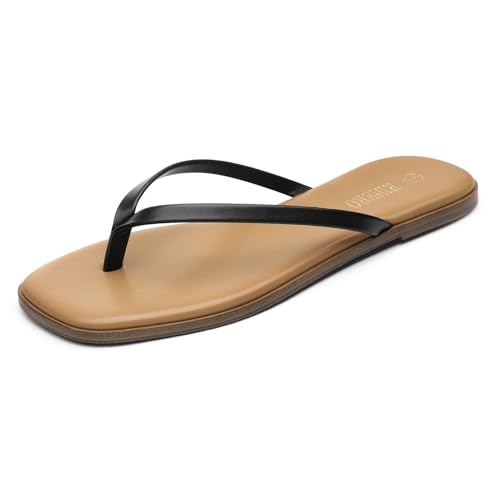 Image of Rihero Flip Flops for Women Comfortable Square Toe Beach Sandals Slip On Leather Thong Flat Sandals Dressy