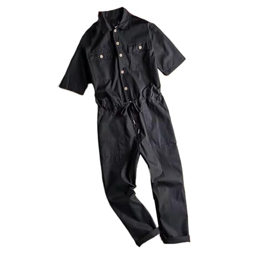 Mono largo negro de manga corta para hombre con solapa y corte suelto de verano