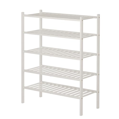 5 Tier Bamboo Shoe Rack for Closet Free Standing Wood Shoe Shelf for Entryway Small Space Stackable 27"x11"x33" (White)