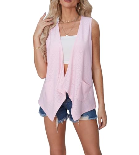 Image of jinghuiyue Women's Lightweight Cardigan Summer Hollow Out Sleeveless Cardigan High Low Hem Draped Open Front Vest with Pocket