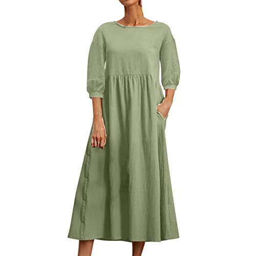 Leinenkleid Damen Sommer Rundhalsausschnitt Kurzarm Sommerkleid Damen Midi...