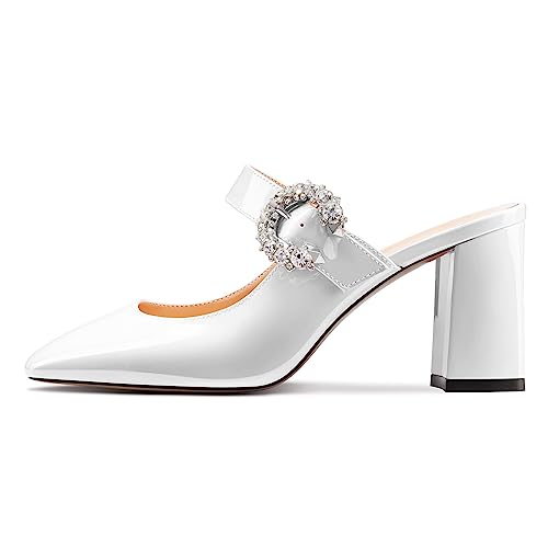 HEUIVZAR Womens Mid Block Heel Square Toe Slip-on Pumps Rhinestone Crystal Prom Dress Summer Mules Shoes 3.2 Inches Heels2