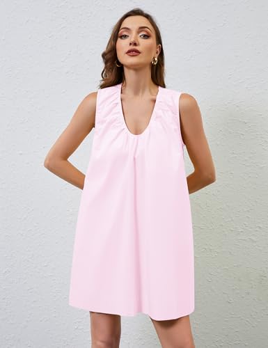 Image of OLAPTA Women Summer Sleeveless Babydoll Mini Tank Dresses Loose Fit Scoop Neck Ruched Short Dress with Pockets Party Clubwear