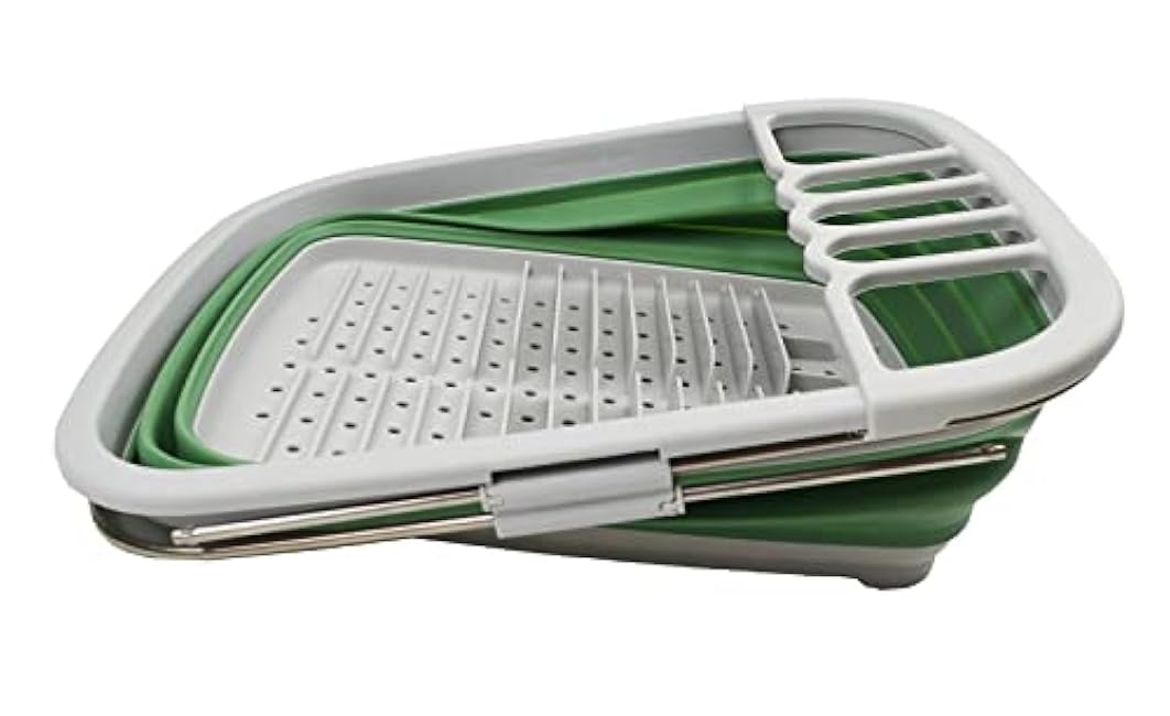 SAMMART 8L (2.11Gallons) Expandable Collapsible Plastic Dish Drainer - Foldable Drying Rack - Portable Dinnerware Organizer - Space Saving Kitchen Storage Tray (Grey/Dark Sea Green, 1)