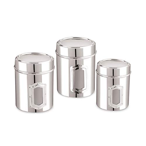 Nobel Set of 3 Stainless Steel Multipurpose Storage Canisters With Side Inside View,Ideal for Storing Tea, Coffee, Sugar, Dried Food,Spices, Biscuits. (Size 9.4 cm Dia. 12.5 cm.HT.