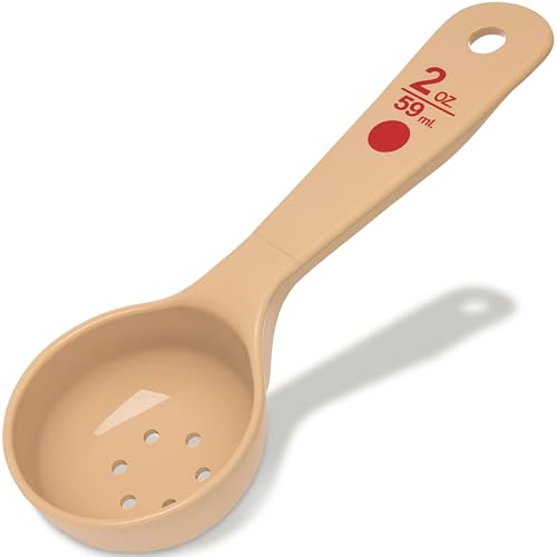Image of Carlisle FoodService Products 2 Oz Perforated Portion Control Spoon - Short Handle Measuring Spoon - Beige Polymer Foodservice Spoon for Commercial Kitchens, (Pack of 12)