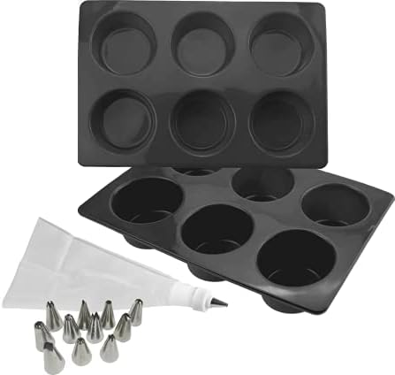 BUYIT Muffin Silicone Moulds 2-Pack Set Silicone Muffin Trays with Reusable Icing Bag Non-BPA Silicone Muffin Cases Extra-Deep Silicone Baking Moulds for Yorkshire Puddings, Cupcakes