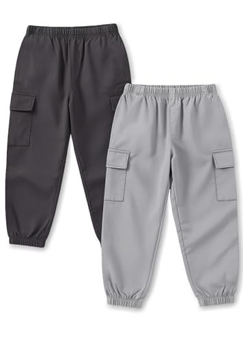 Image of Trampoline Kids Joggers Trackpants Pack of 2 - Charcoal Grey & Grey | Knit Cotton Blend Cargo Style Pants for Boys & Girls | Soft Elastic Waist Track Bottoms with Pockets | Comfy Everyday Activewear
