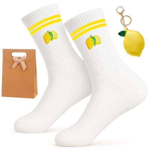 Geschenke Für Frauen Set Zitronen Socken (Eu36-44) Mit Schlüsselanhänger & Geschenktaschen Lustige Socken Aus Baumwolle Happy Socks Zitronen Deko Lustige Geschenke