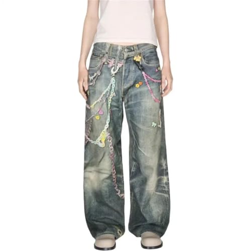 Women Loose Low Waist Wide Leg Jeans Retro Chain Print Casual Unisex Spring Street Pants