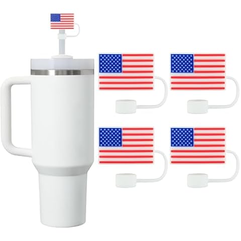 4 PCS America Flag Silicone Straw Covers for Stanley Cup 10mm 0.4in 3D Reusable Straw Topper USA Flag Straw Cap for Tumblers Decorative Cover